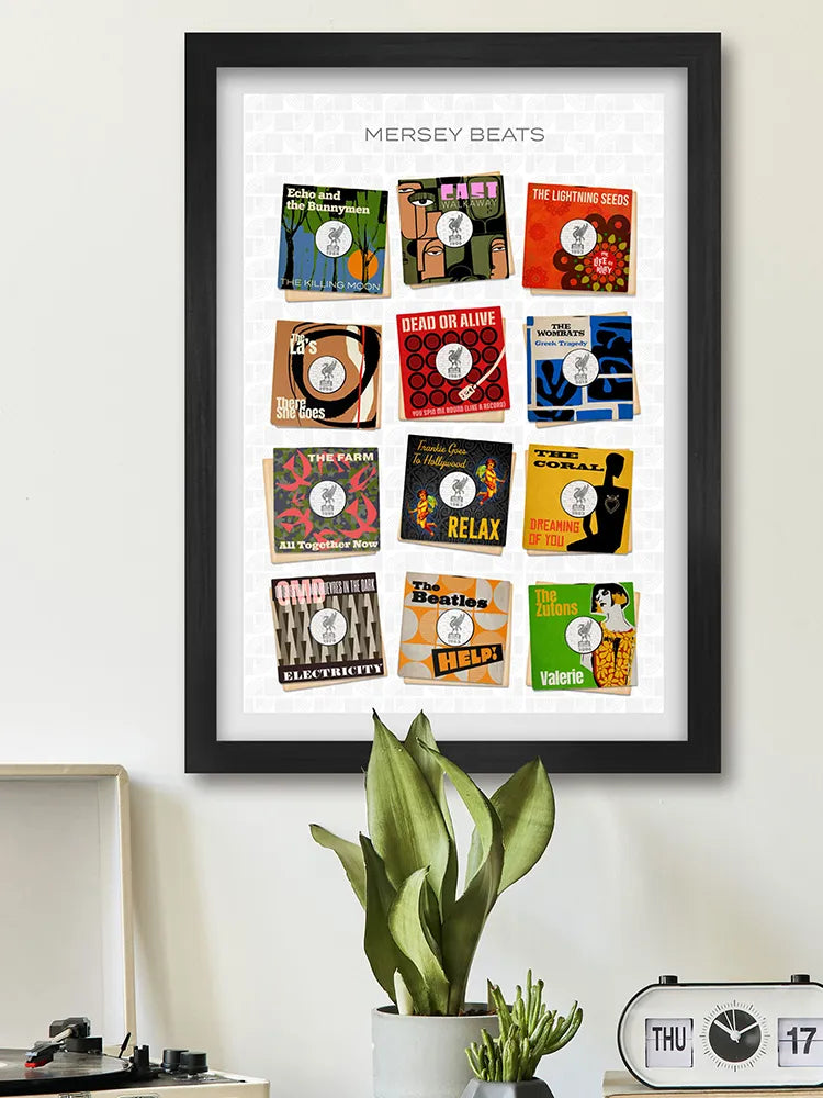 Mersey Beats - Music Print. Some of Liverpool's best known bands celebrated as 7 inch vinyl record covers, re-imagined and designed by The Northern Line.