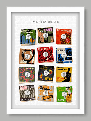 Mersey Beats - Music Print. Some of Liverpool's best known bands celebrated as 7 inch vinyl record covers, re-imagined and designed by The Northern Line.