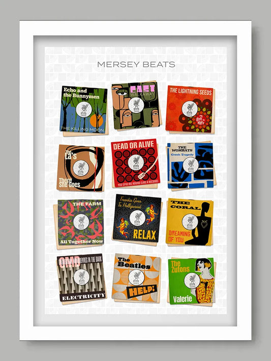 Mersey Beats - Music Print. Some of Liverpool's best known bands celebrated as 7 inch vinyl record covers, re-imagined and designed by The Northern Line.