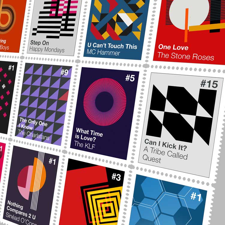1990 music poster. 16 singles given a modernist style