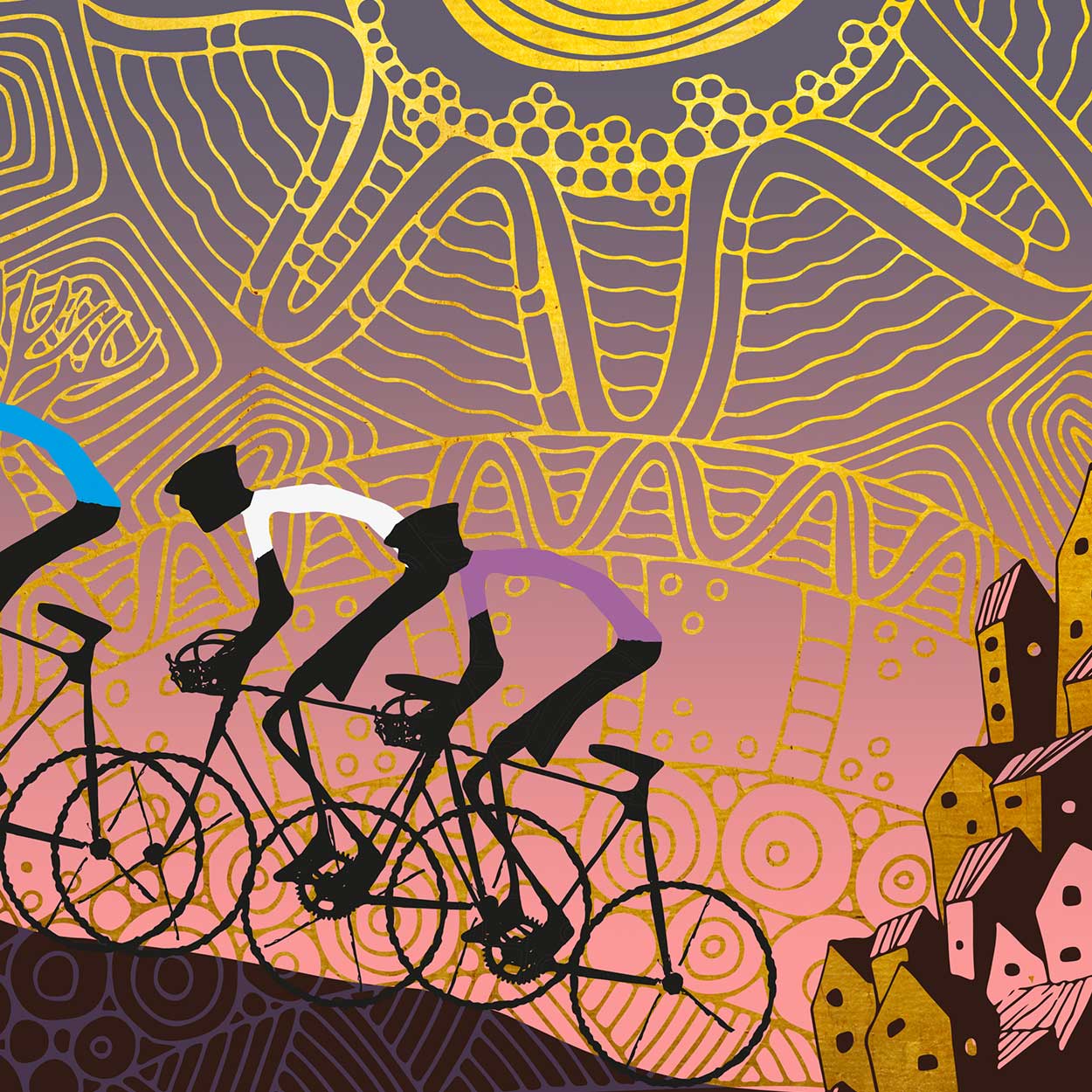 Giro d'italia cycling print. A Tuscany scene featuring maglia rosa and other leader jerseys