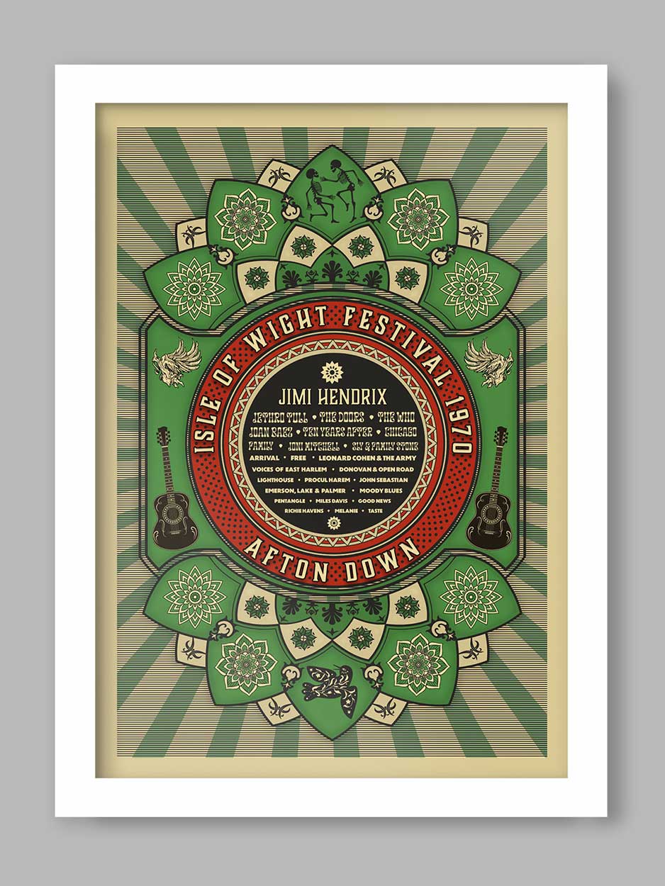 1970 isle of wight festival poster featuring Jimi Hendrixre-creation