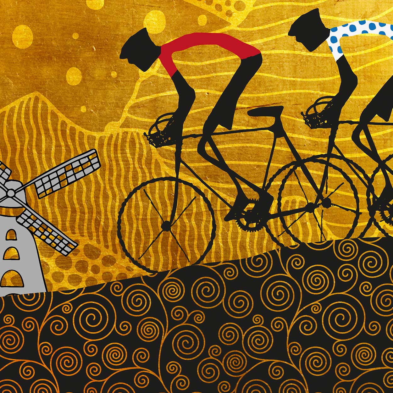 Vuelta a España cycling poster print. Landscape scene featuring the four leader jerseys in la Mancha, Spain.