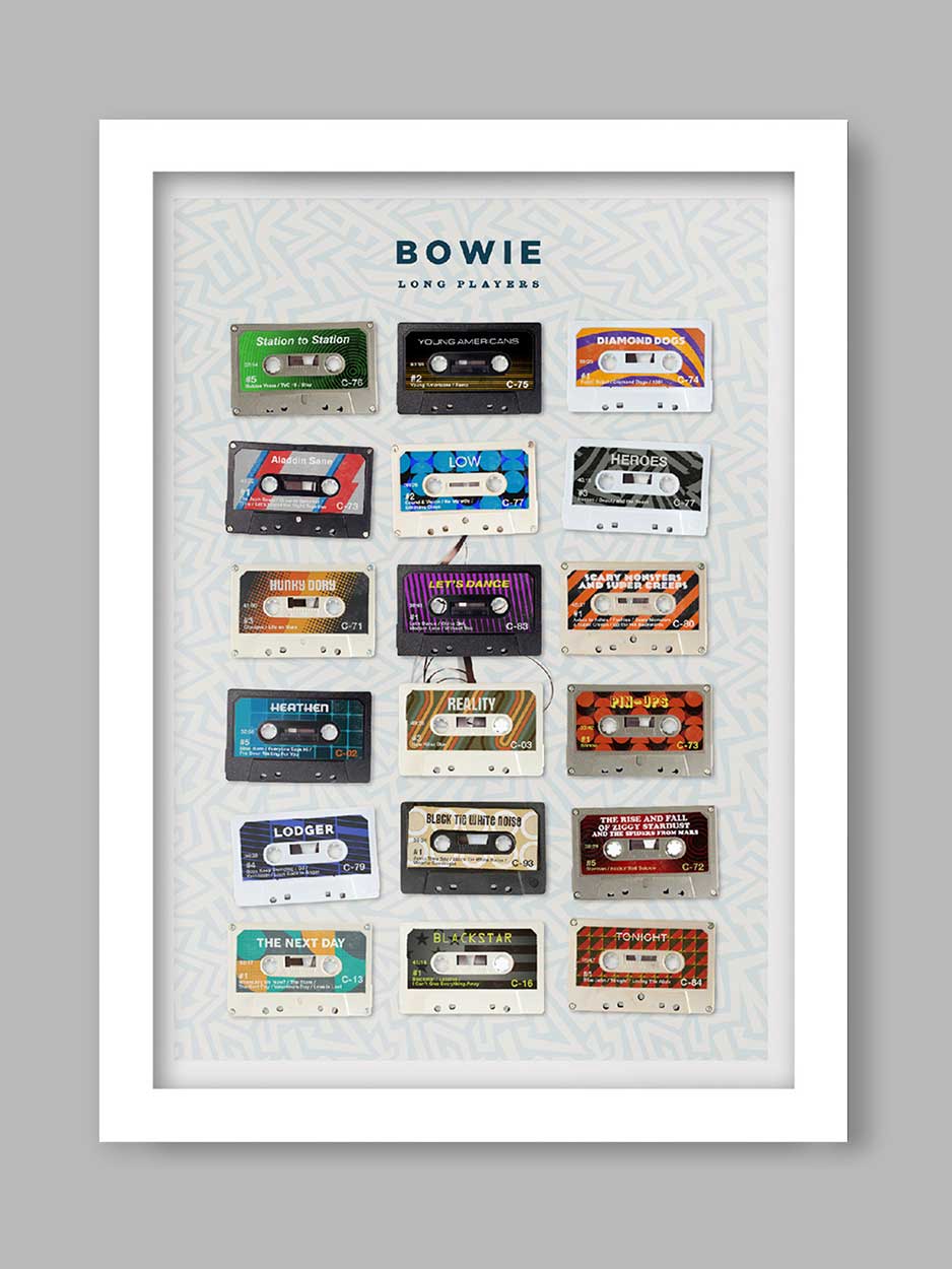 David Bowie Long Players - Cassette Music Poster Print. Cassette collection of Bowie's albums