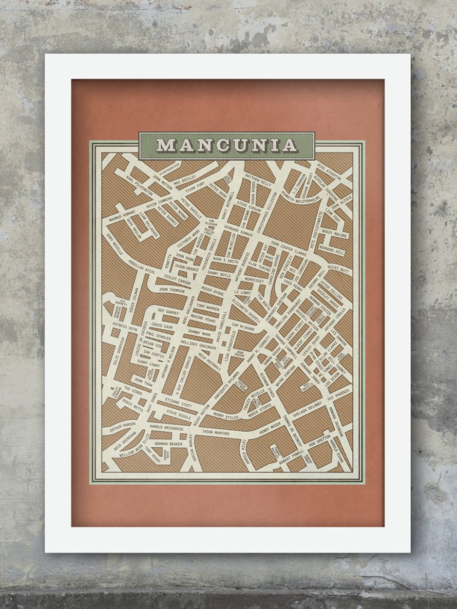 Mancunia - Famous Names Street Map Print