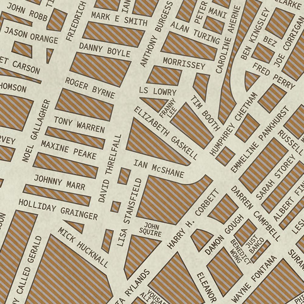 Mancunia - Famous Names Street Map Print