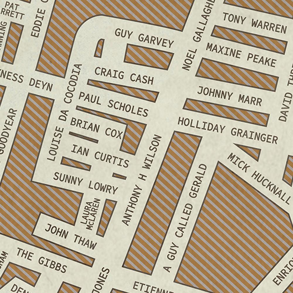 Mancunia - Famous Names Street Map Print
