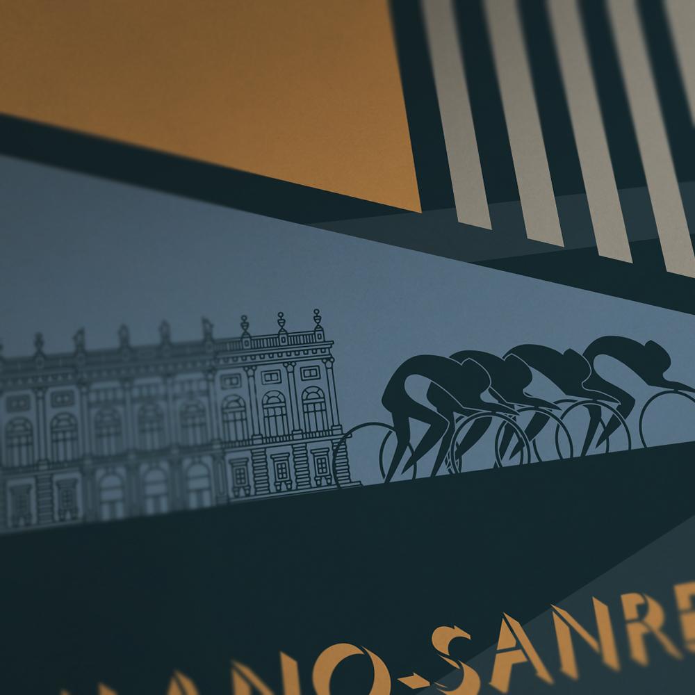 Milano-Sanremo Cycling Poster Print - The Monuments. Milano-Sanremo is the 'Spring Classic' and the longest of the five Monuments with a current distance of 298km. The design reflects the fact that its known as a sprinters classic. Mainly flat and was conceived as a straightforward line from Milan to Sanremo on the Italian Riviera. The poster includes a quote from 2009 winner - Mark Cavendish. One of a series of five which also includes Paris-Roubaix, Tour of Flanders, Liege-Bastogne-Liege and Lombardia.