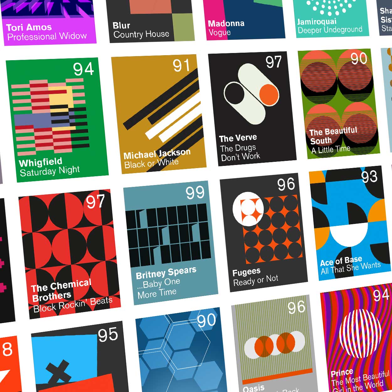 Number Ones of the Nineties - Music Poster Print. Modernist style abstract poster of No.1 UK hits
