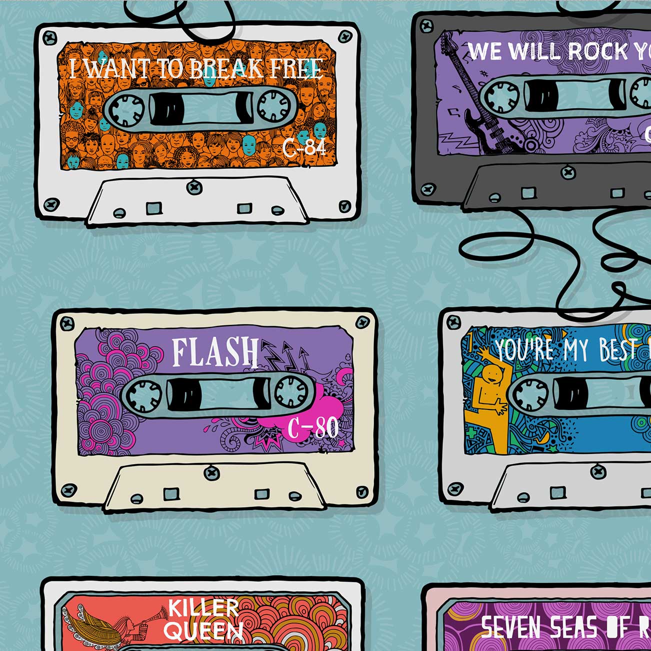 Queen, music poster print. Cassette tape style theme.