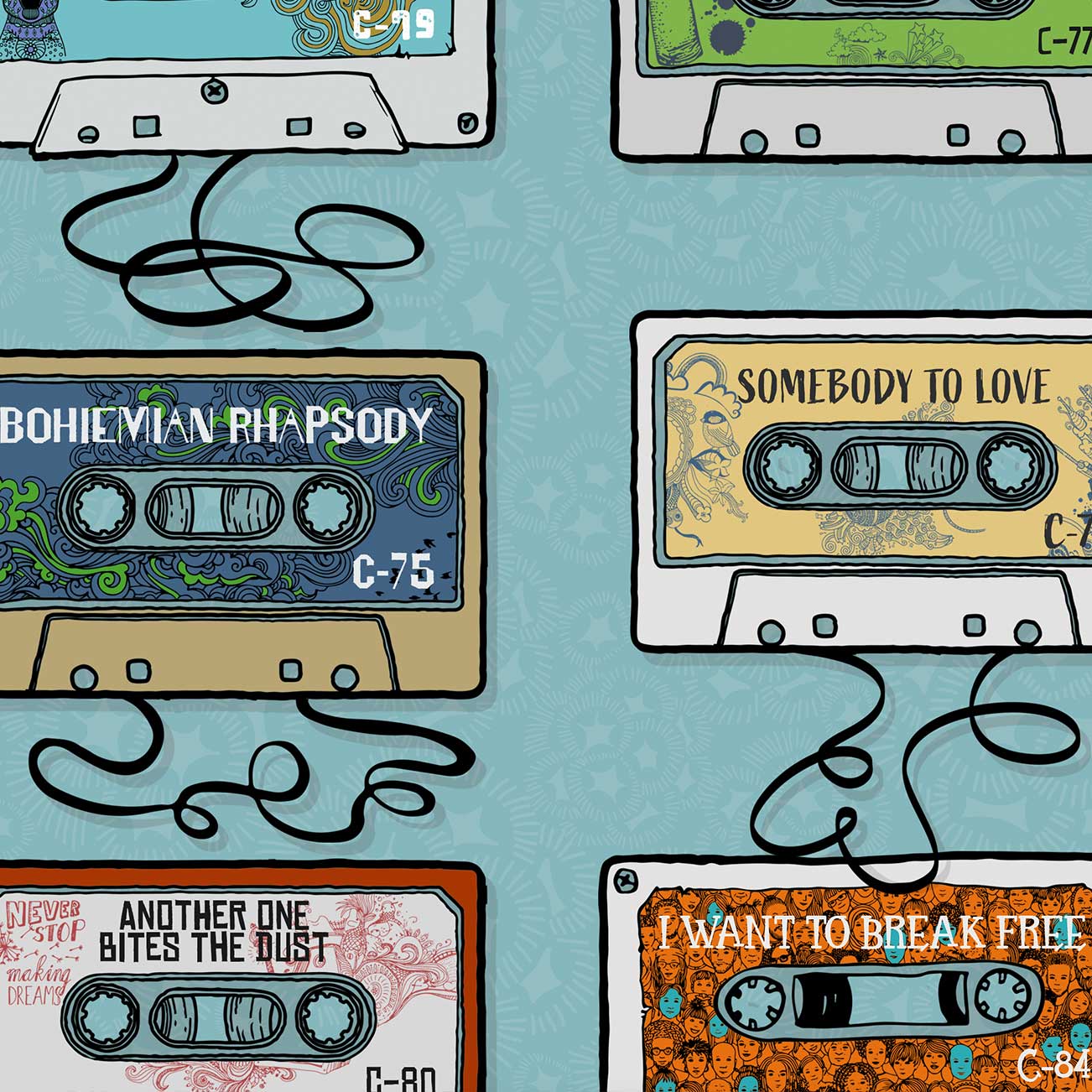 Queen music poster. Hit singles in cassette tape style.