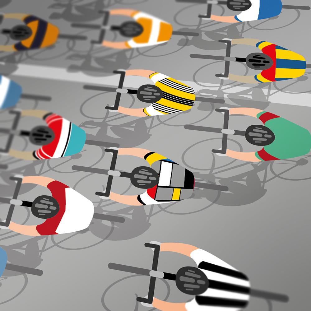 Shirts of the Peloton 2 - Cycling Poster Print featuring iconic retro and contemporary cycling jerseys including Molteni, Peugeot, Mapei, Brooklyn, Flandria, Cynar and Alcyon