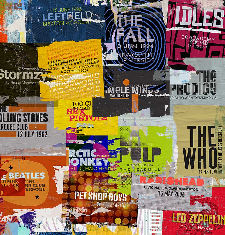 Old gig posters music print. The Meaning of Live. includes The Fall, Beatles, Pulp, Sex Pistols and many others