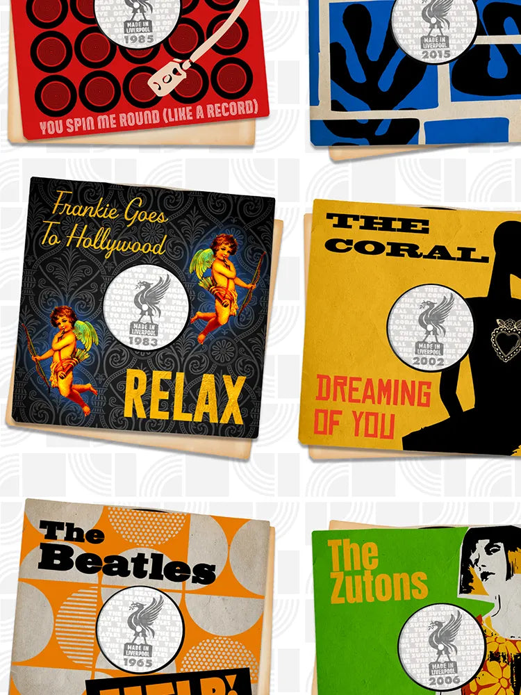 Mersey Beats - Music Print. Some of Liverpool's best known bands celebrated as 7 inch vinyl record covers, re-imagined and designed by The Northern Line.