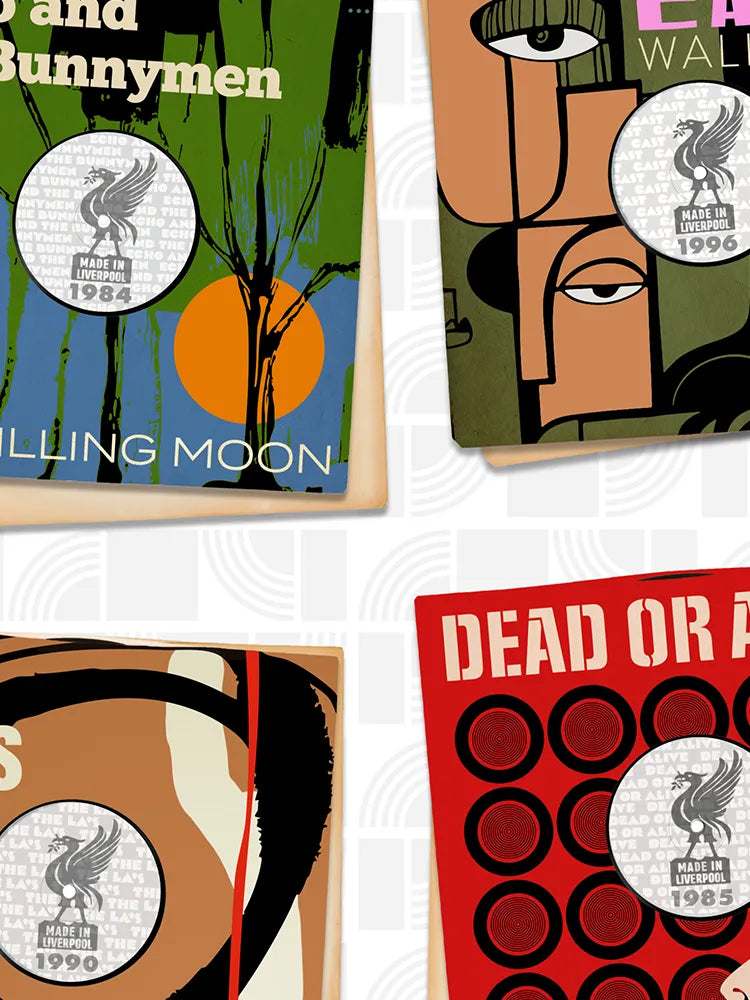 Mersey Beats - Music Print. Some of Liverpool's best known bands celebrated as 7 inch vinyl record covers, re-imagined and designed by The Northern Line.