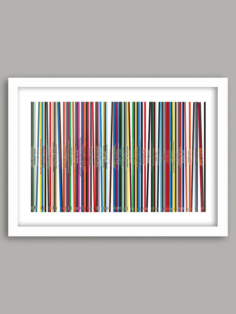 Based on vinyl&nbsp;album spines, this abstract design delves into a fantasy record collection covering a wide variety of genres and delving into the list from the book, '1,001 albums You Must Hear Before You Die'.