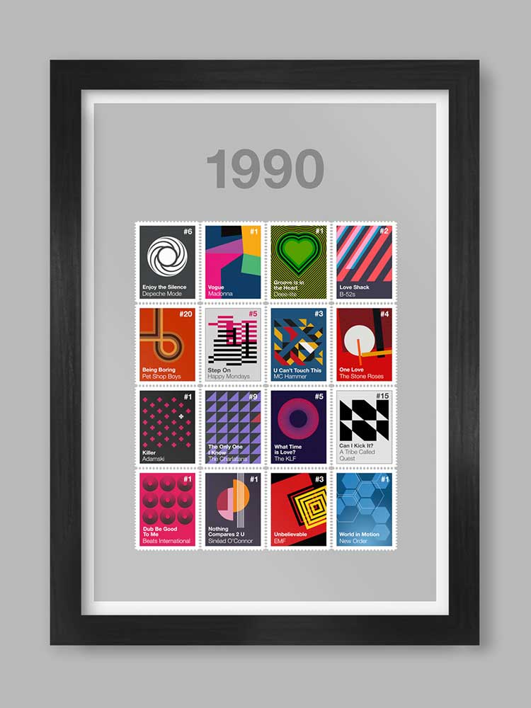 1990 music poster. 16 singles given a modernist style