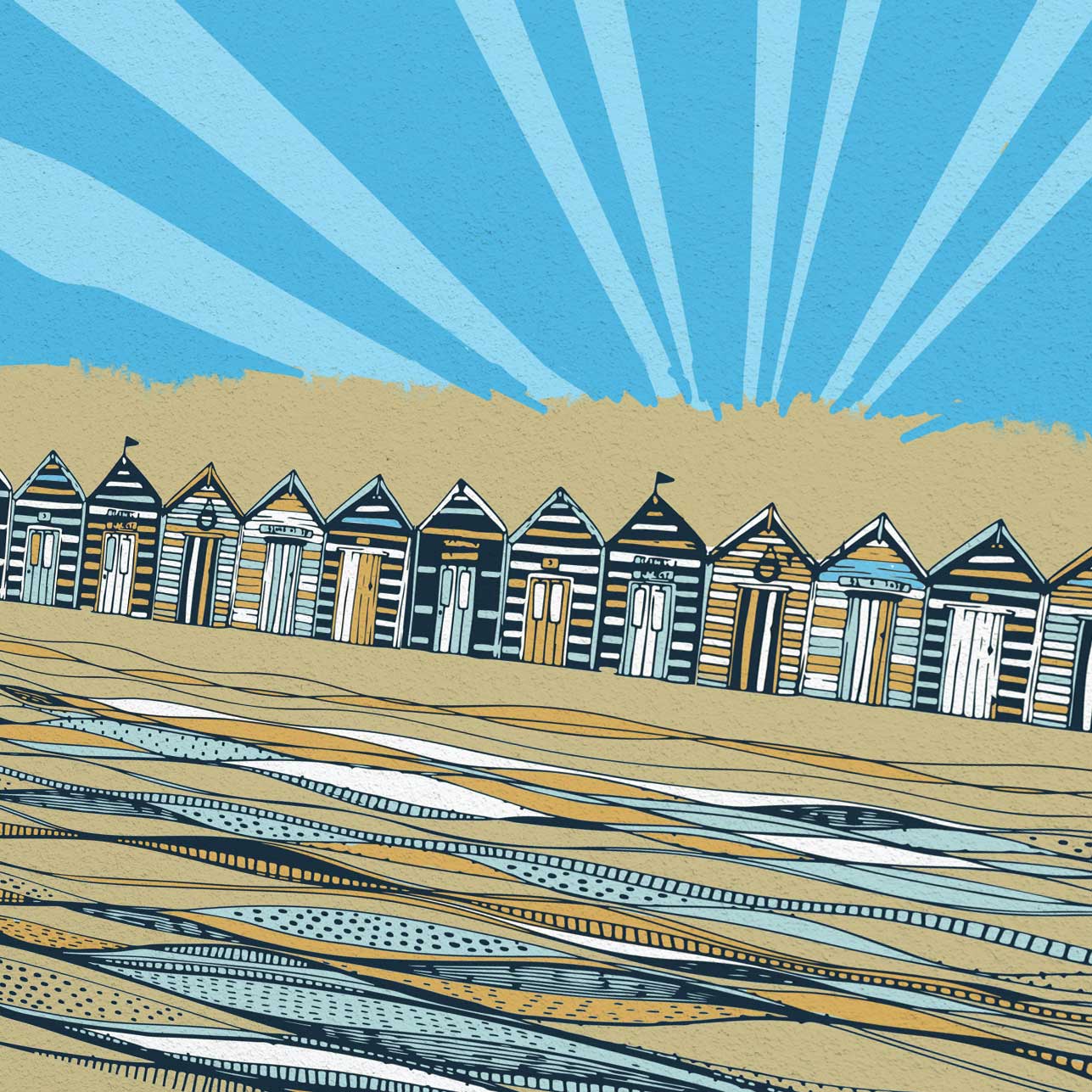 Cromer poster print with beach huts. Norfolk coastal poster