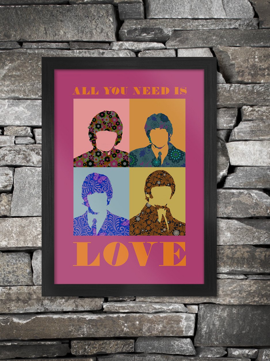 Beatles All You Need is Love in Pink. The Fab Four, John, Paul, George and Ringo in pop art style.