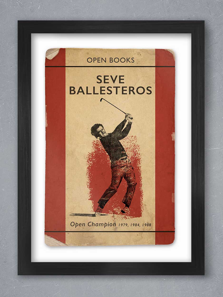 seve ballesteros golf poster print in retro book cover style