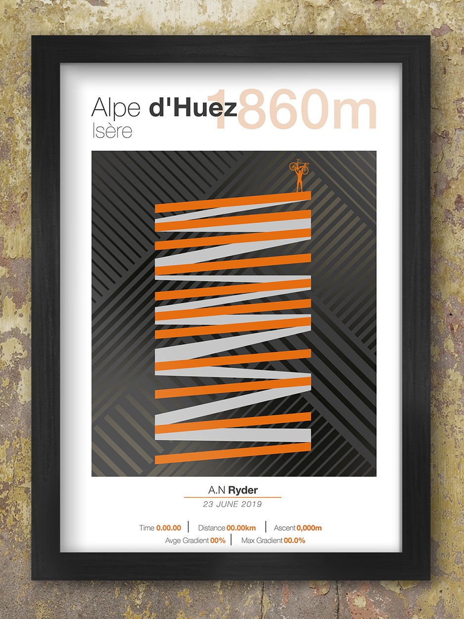 Cycling Climbs - Alpe D'Huez Poster. Available blank or you can personalise with recorded data of a ride. 