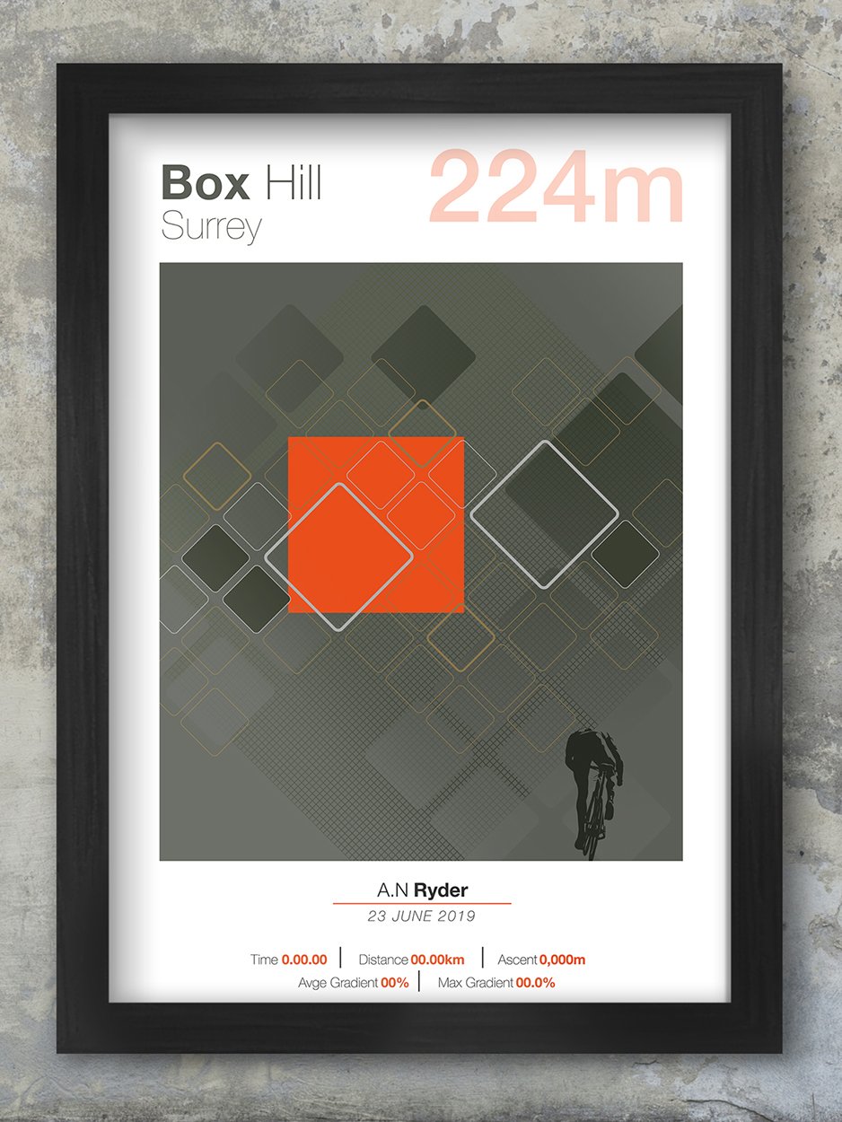 Box Hill Cycling Climbs Poster. The climb itself is one of few to feature continental style hairpins, hence it’s nickname ‘zig-zag hill’