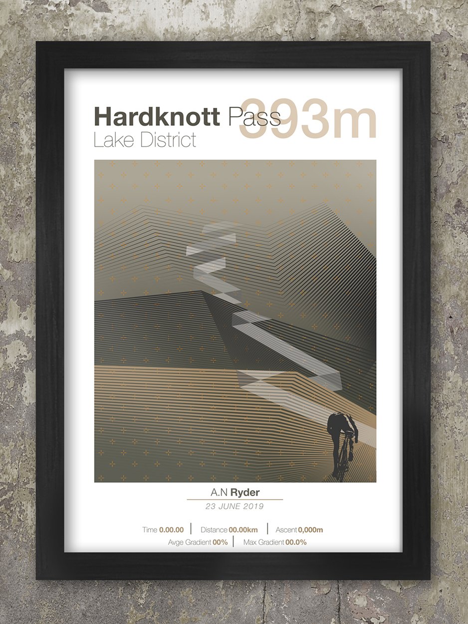 Hardknott Pass Cycling Climbs Poster. With a maximum gradient of 33%, Hardknott is one of the most daunting climbs in England and forms part of the arduous Fred Whitton Challenge cycling sportive which covers 112 miles of the Lake District.