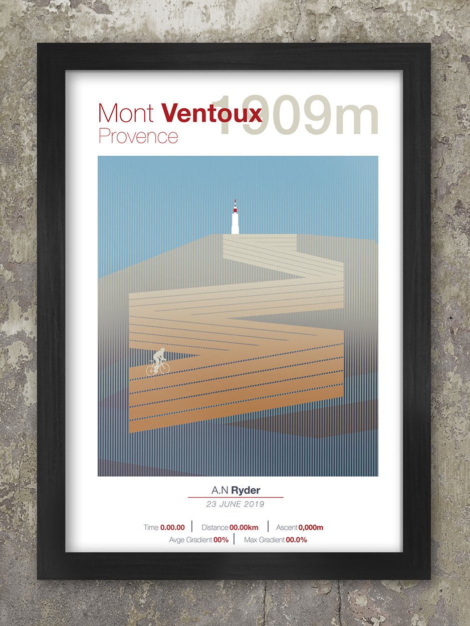 Ventoux Cycling Climbs Poster. The highest peak in Provence, Ventoux can be scaled either from the South in Bedoin, Northwest from Malaucene or east from Sault.