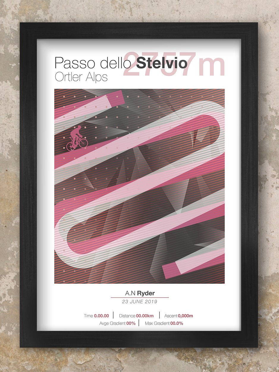 Stelvio Cycling Climbs Poster. Part of the Italian Alps, the Stelvio is the ultimate mountain climb of the Giro d’Italia and is famed for its 48 hairpin turns near the peak of the eastern ramp of the pass.