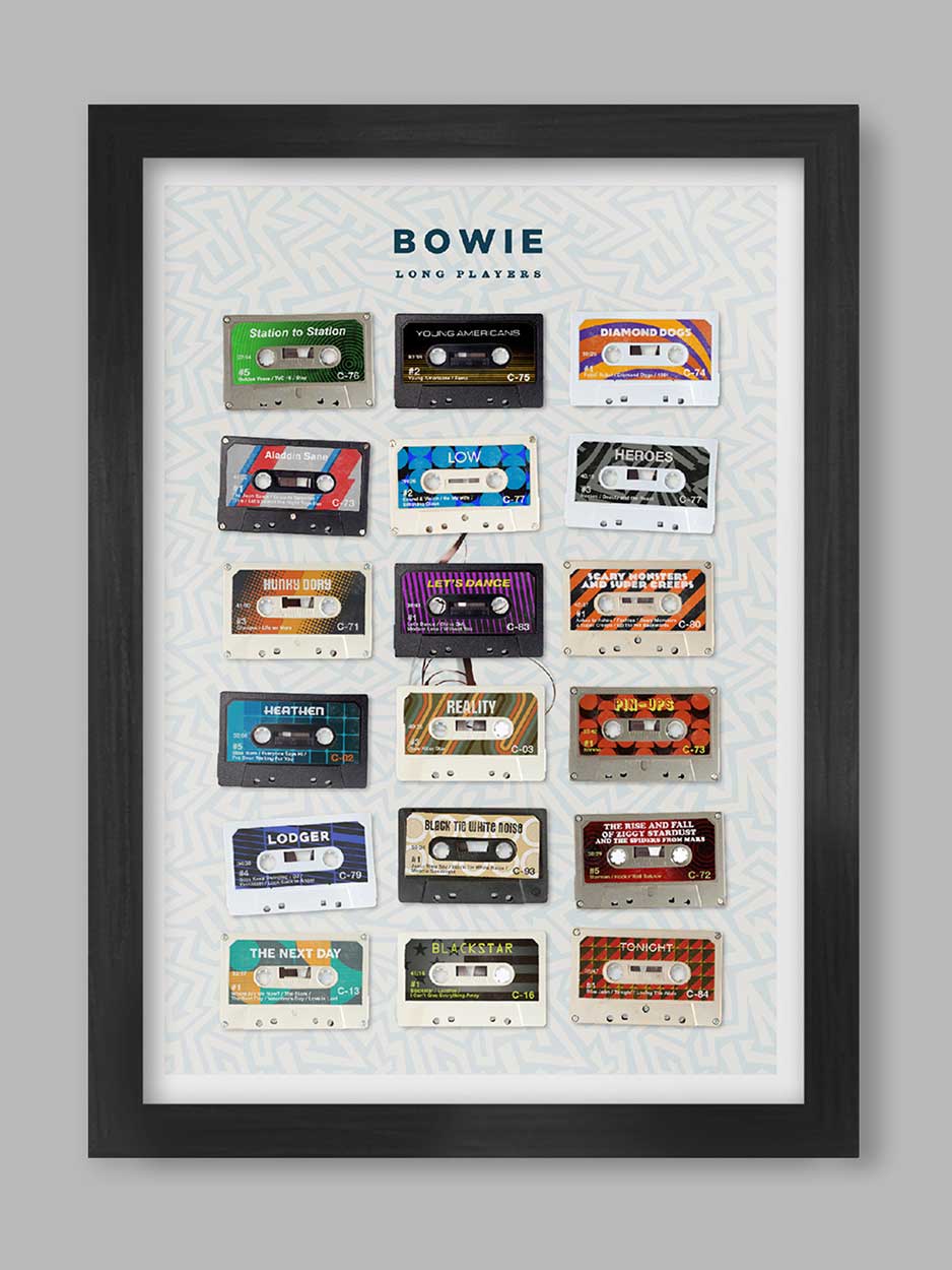 David Bowie Long Players - Cassette Music Poster Print. Cassette collection of Bowie's albums