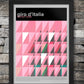 The geometric and modernist styled print celebrates the demands of the race in particular the imposing mountains and great climbs such as the Zoncolan, Stelvio, Finestre and the Blockhaus