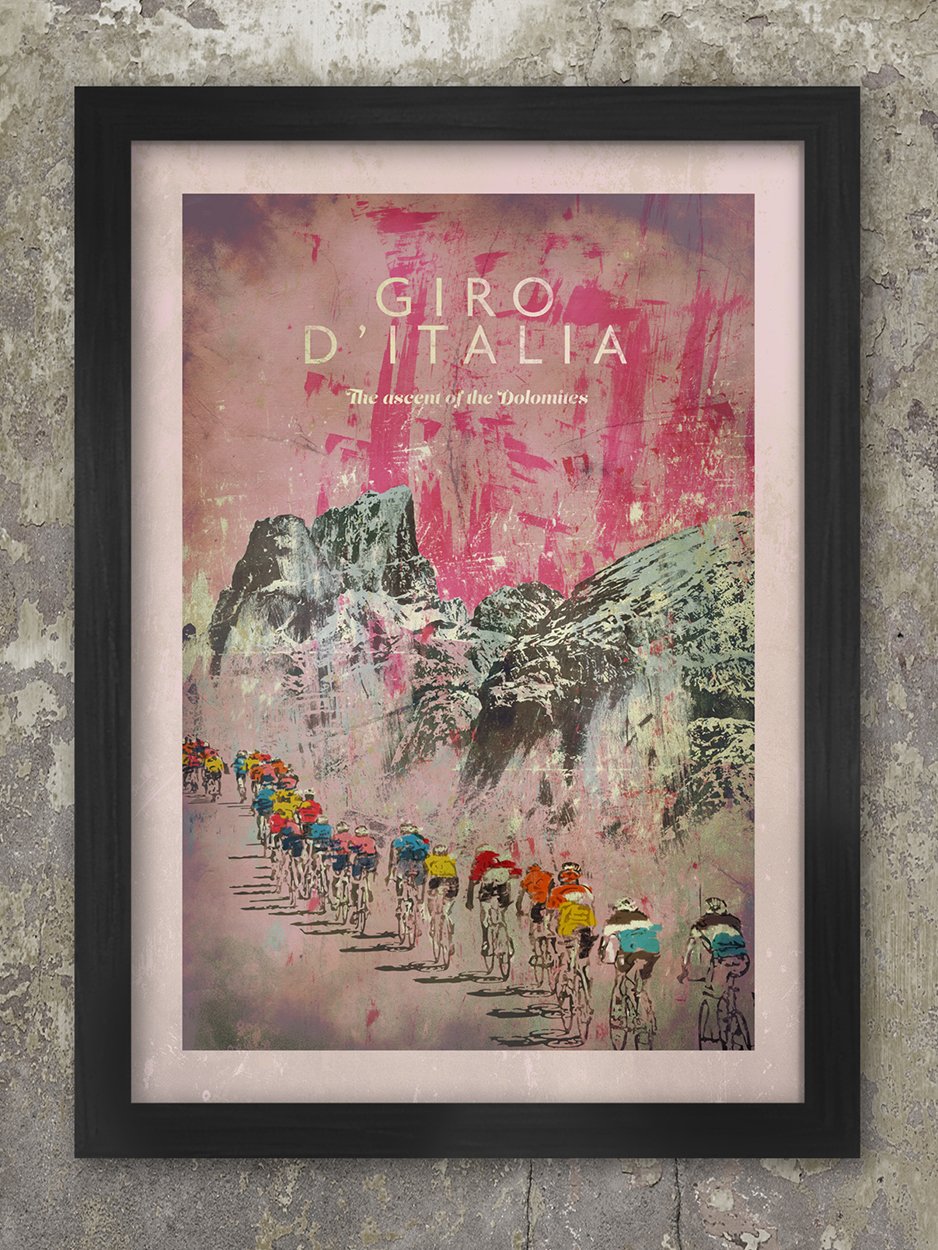 Retro styled Giro d’Italia cycling print featuring the peloton in the Dolomite Mountains. This Giro cycling print is a great buy for the climbers!