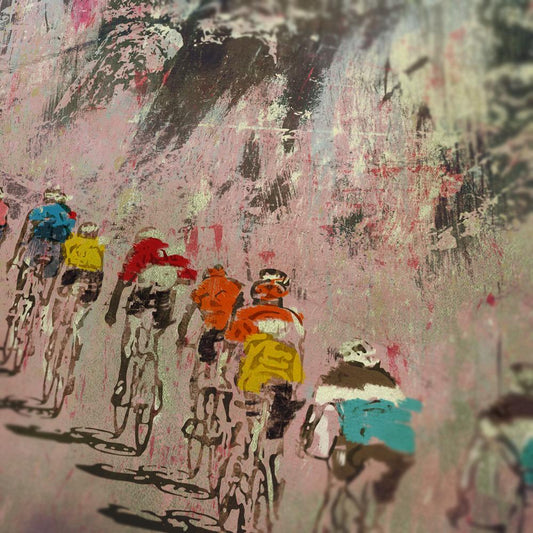 Retro styled Giro d’Italia cycling print featuring the peloton in the Dolomite Mountains. This illustrated Giro cycling print is a great buy for the climbers!