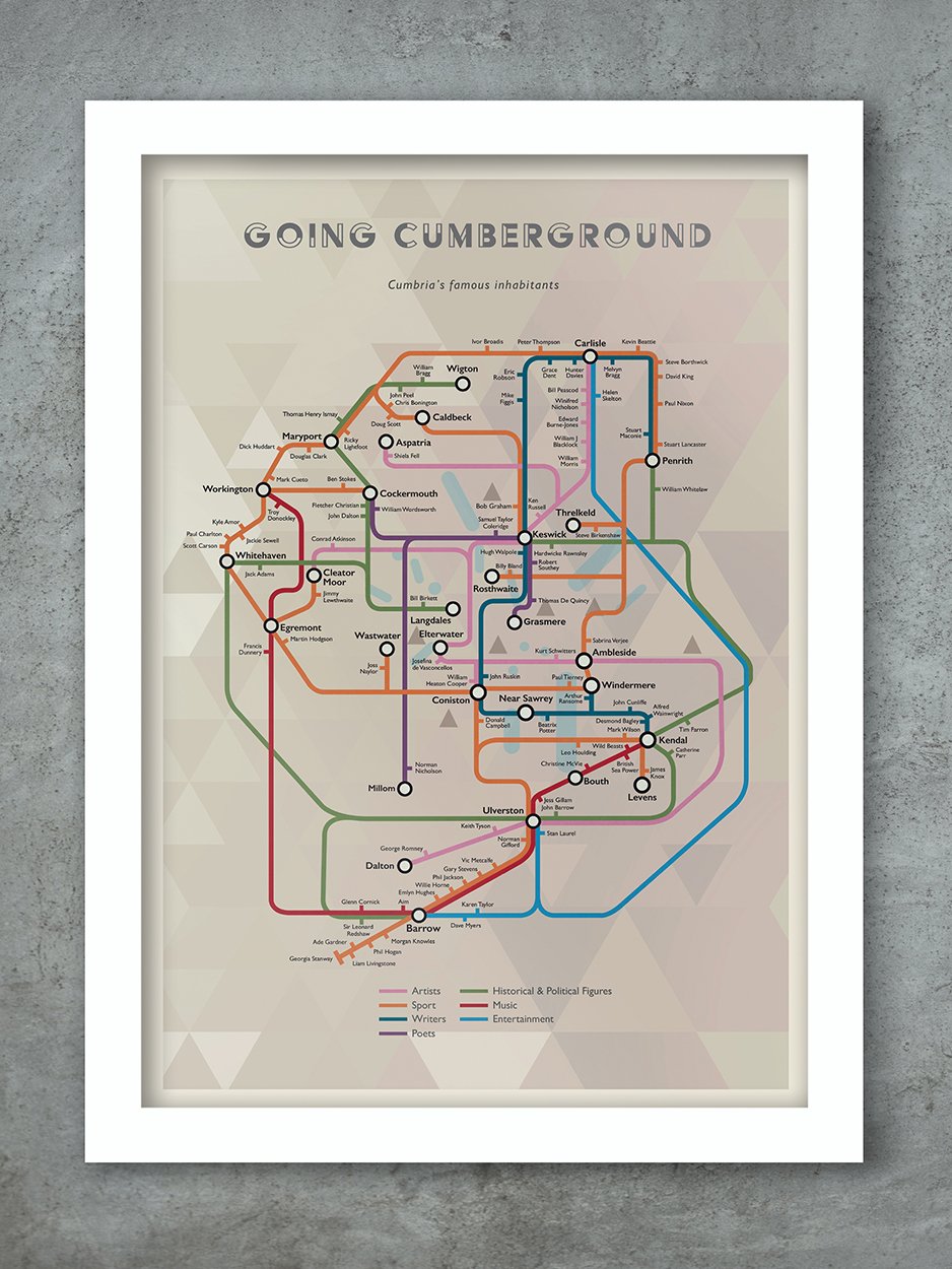 Famous Cumbrians modelled on the London Underground map.