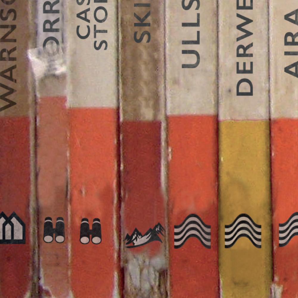 Lake District Classics is a design based on the old mid-century Penguin book spines. It features a number of well known Lake District attractions including Helvellyn, Coniston Water and Orrest Head 