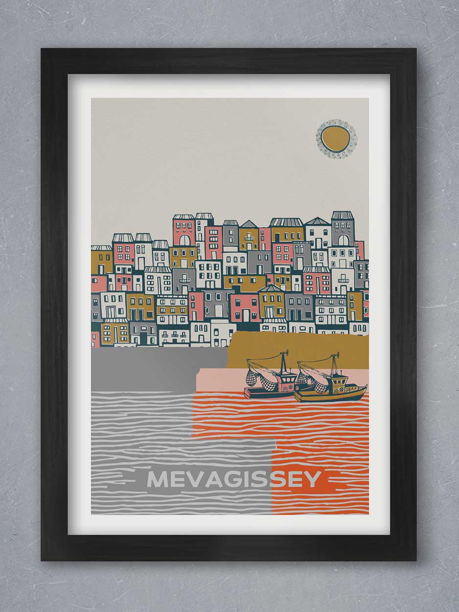 Mevagissey, Cornwall fishing village poster print.