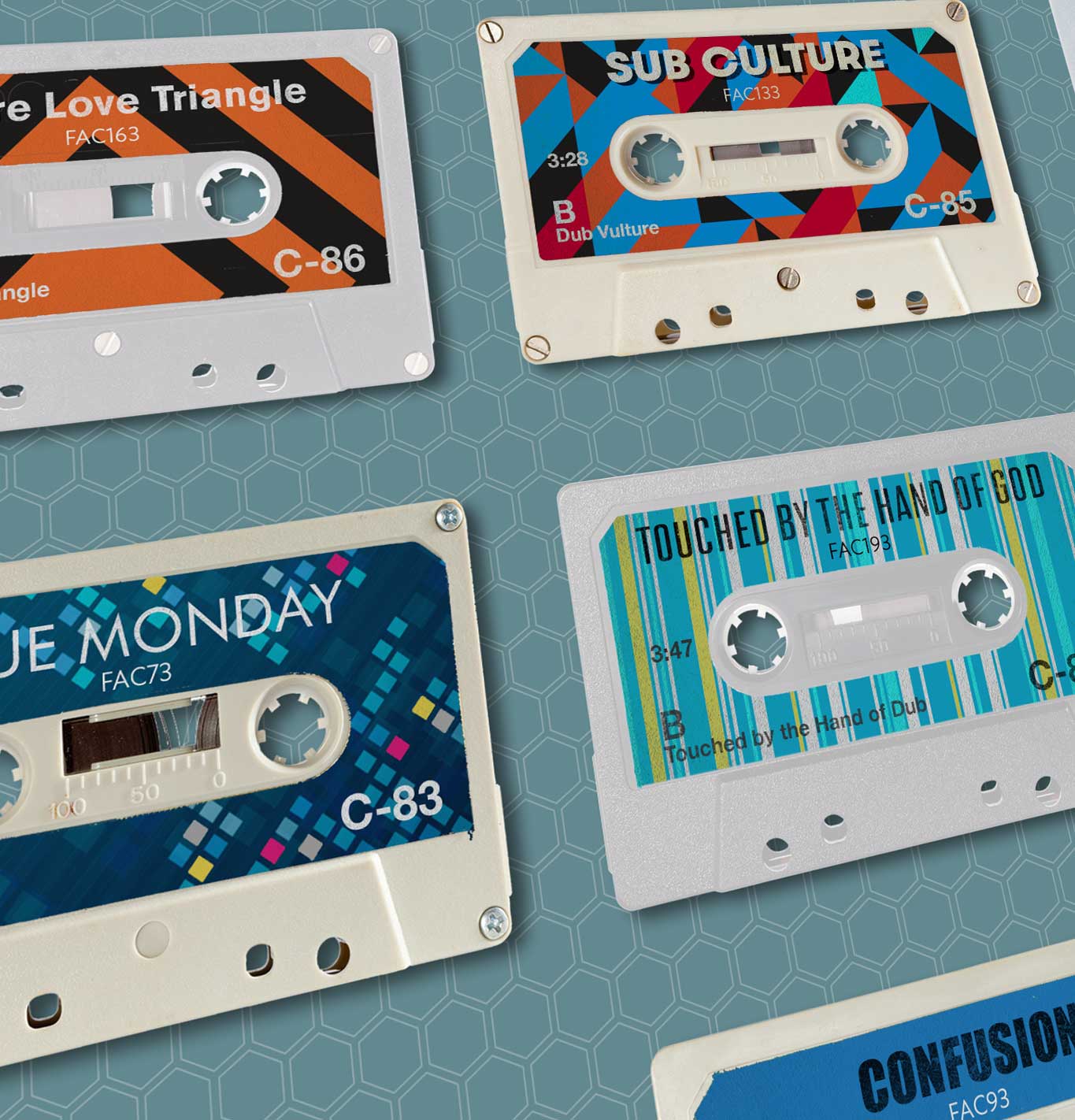 Cassette style poster featuring New Order's Factory single releases