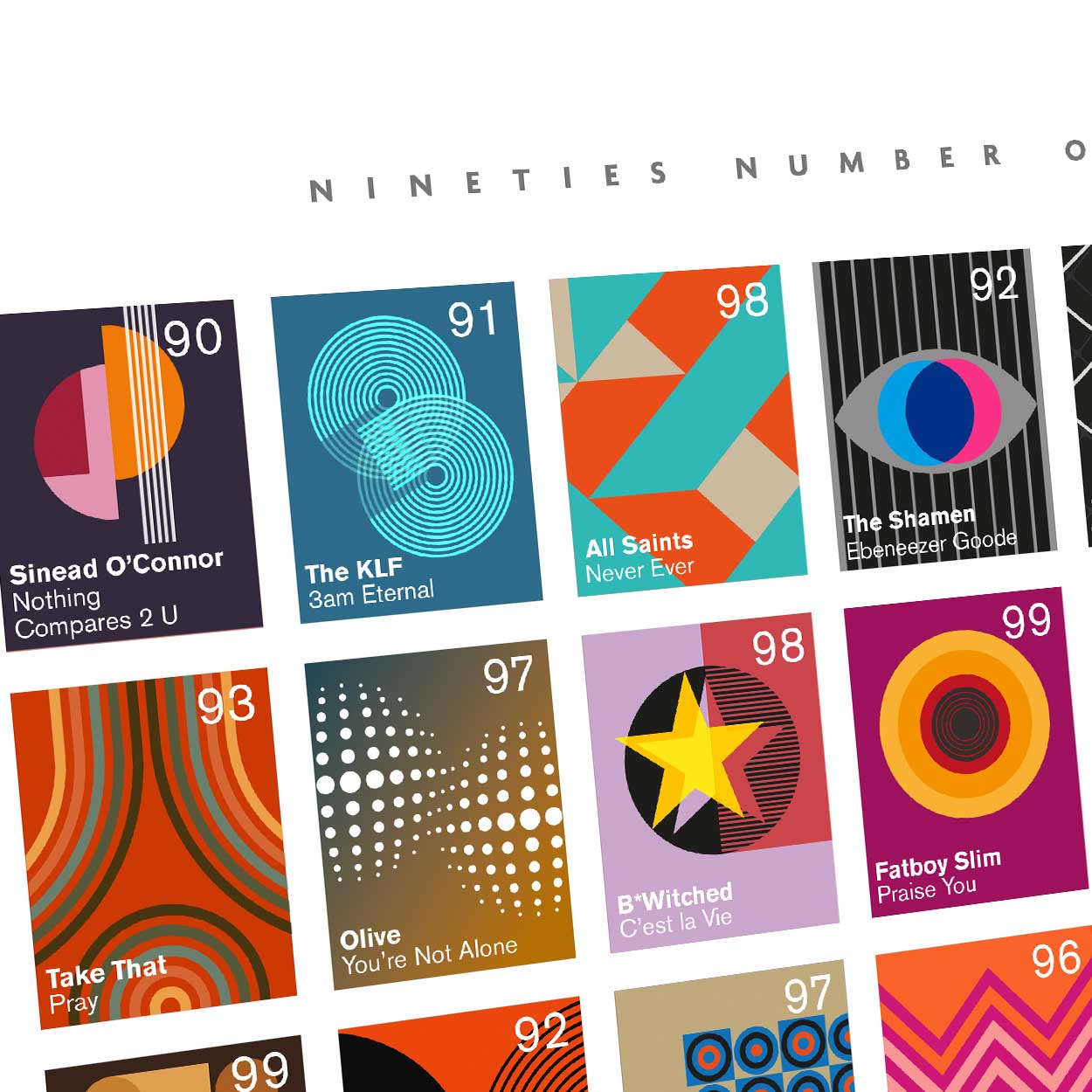 Number Ones of the Nineties - Music Poster Print. Modernist style abstract poster of No.1 UK hits 