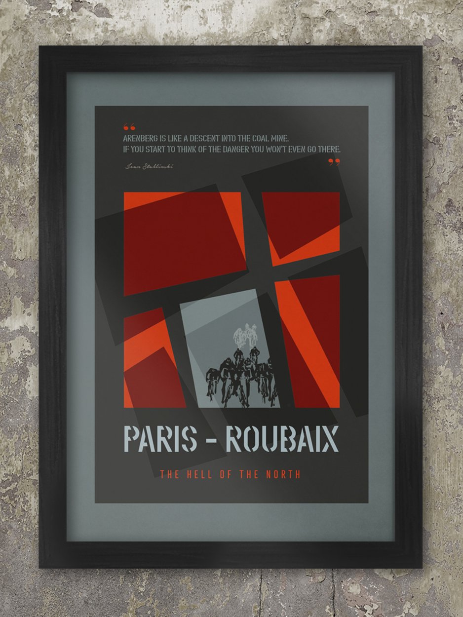 Paris Roubaix Cycling Poster Print - Dark grey and red stylised cobbled poster and featuring the classic phrase 'Hell of the North'. Quote from Jean Stablinski