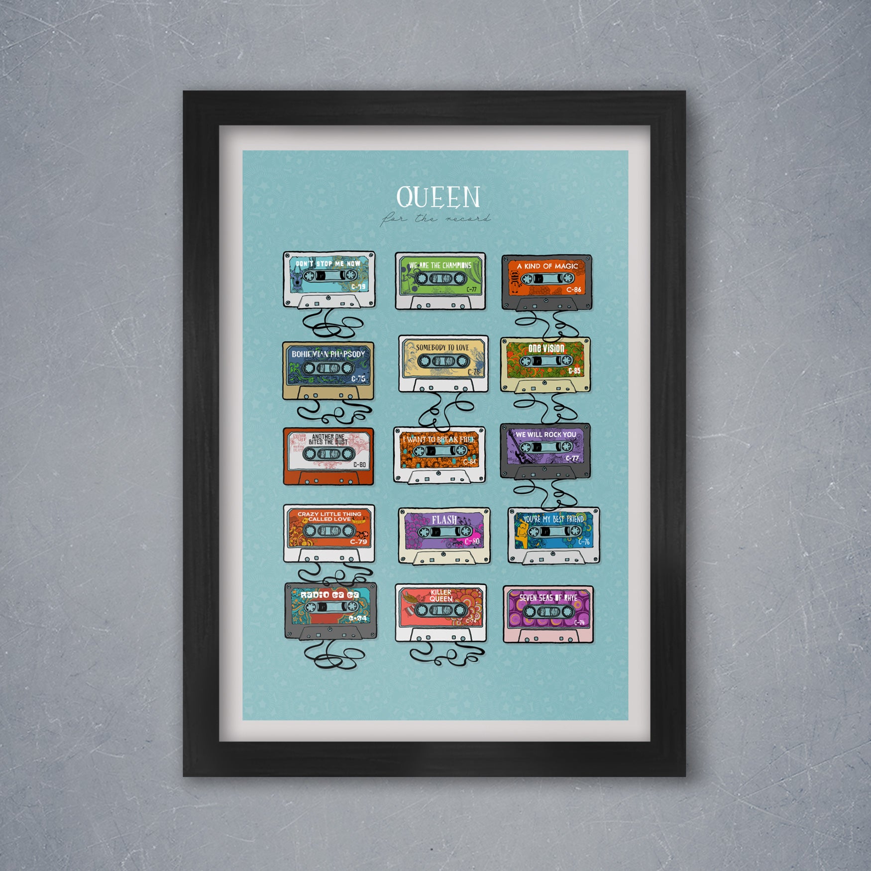 Queen, colourful music print designed in cassette tape style