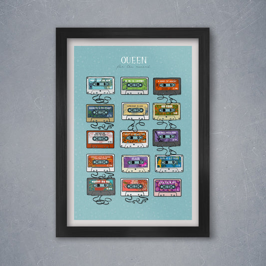 Queen, colourful music print designed in cassette tape style