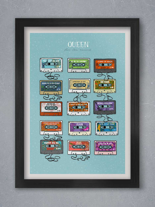 Queen music poster print. Poster showing their hit singles