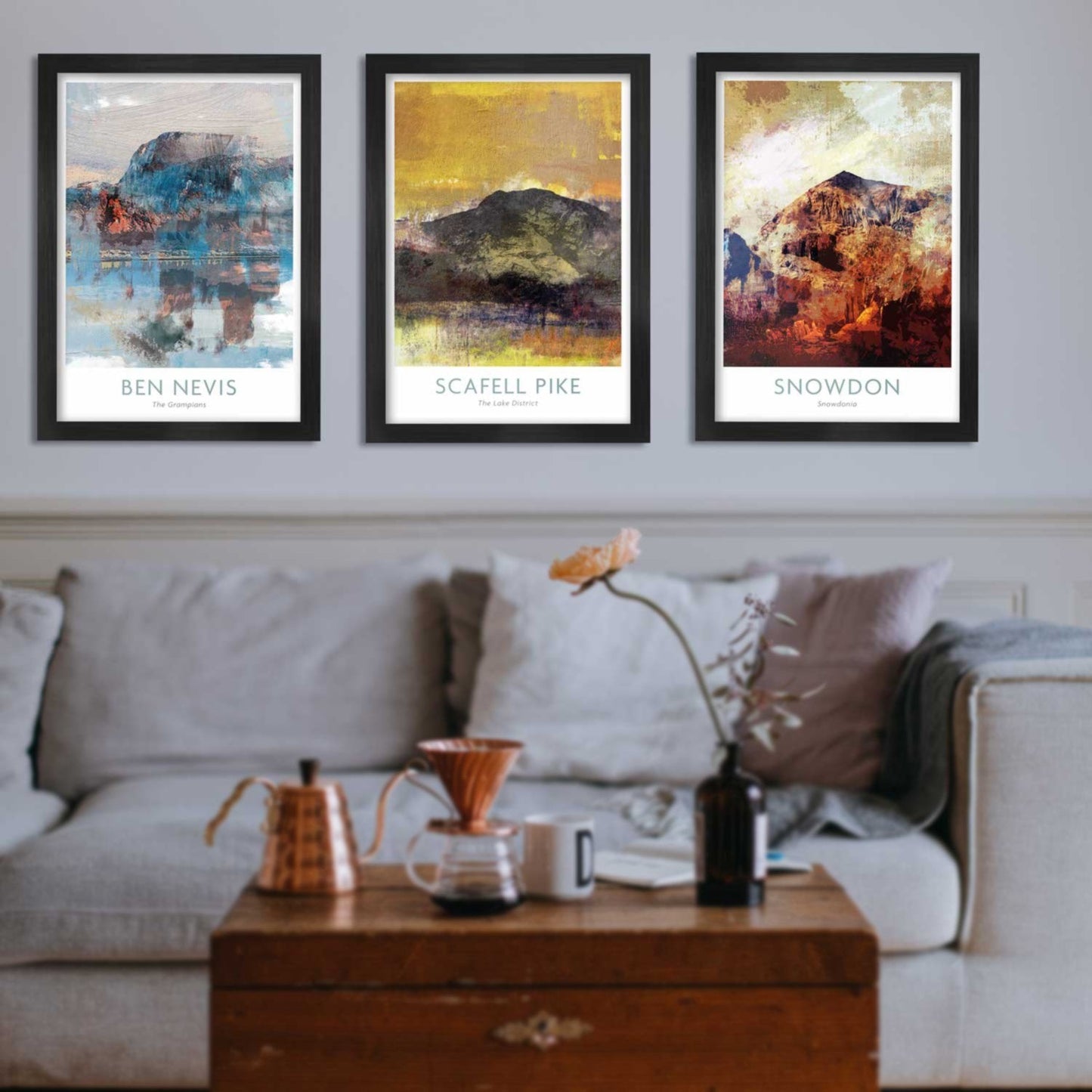 3 peaks poster collection. Ben Nevis, Scafell Pike and Snowdon