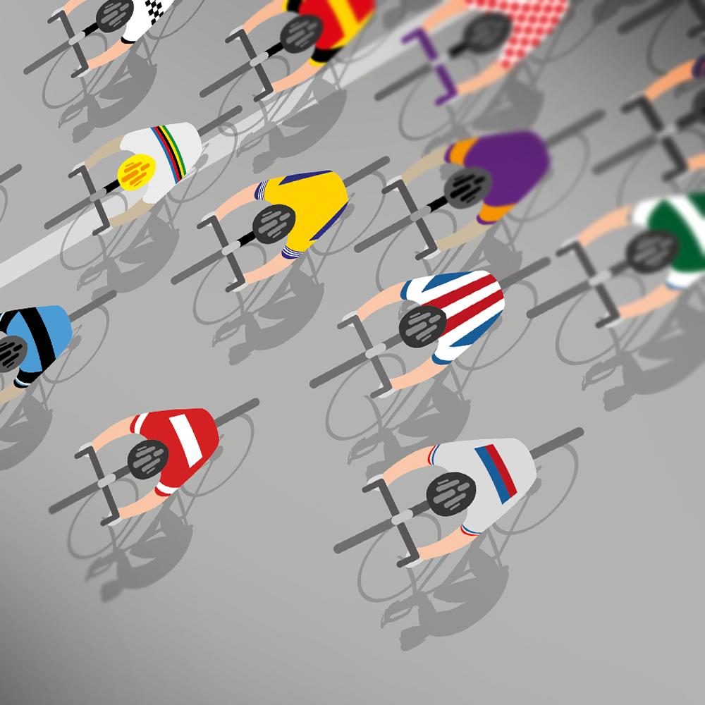 Shirts of the Peloton 2 - Cycling Poster Print featuring iconic retro and contemporary cycling jerseys including Molteni, Peugeot, Mapei, Brooklyn, Carpano and Legnano
