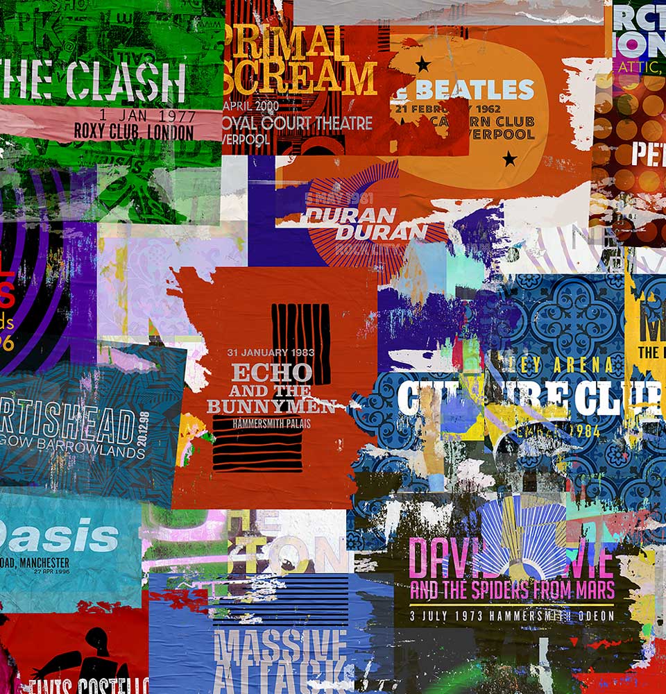 Old gig posters music print. The Meaning of Live. Includes The Clash, David Bowie, Oasis and many more