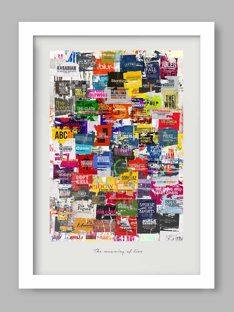 Old gig posters music print. The Meaning of Live. includes Beatles, Stones and many others.
