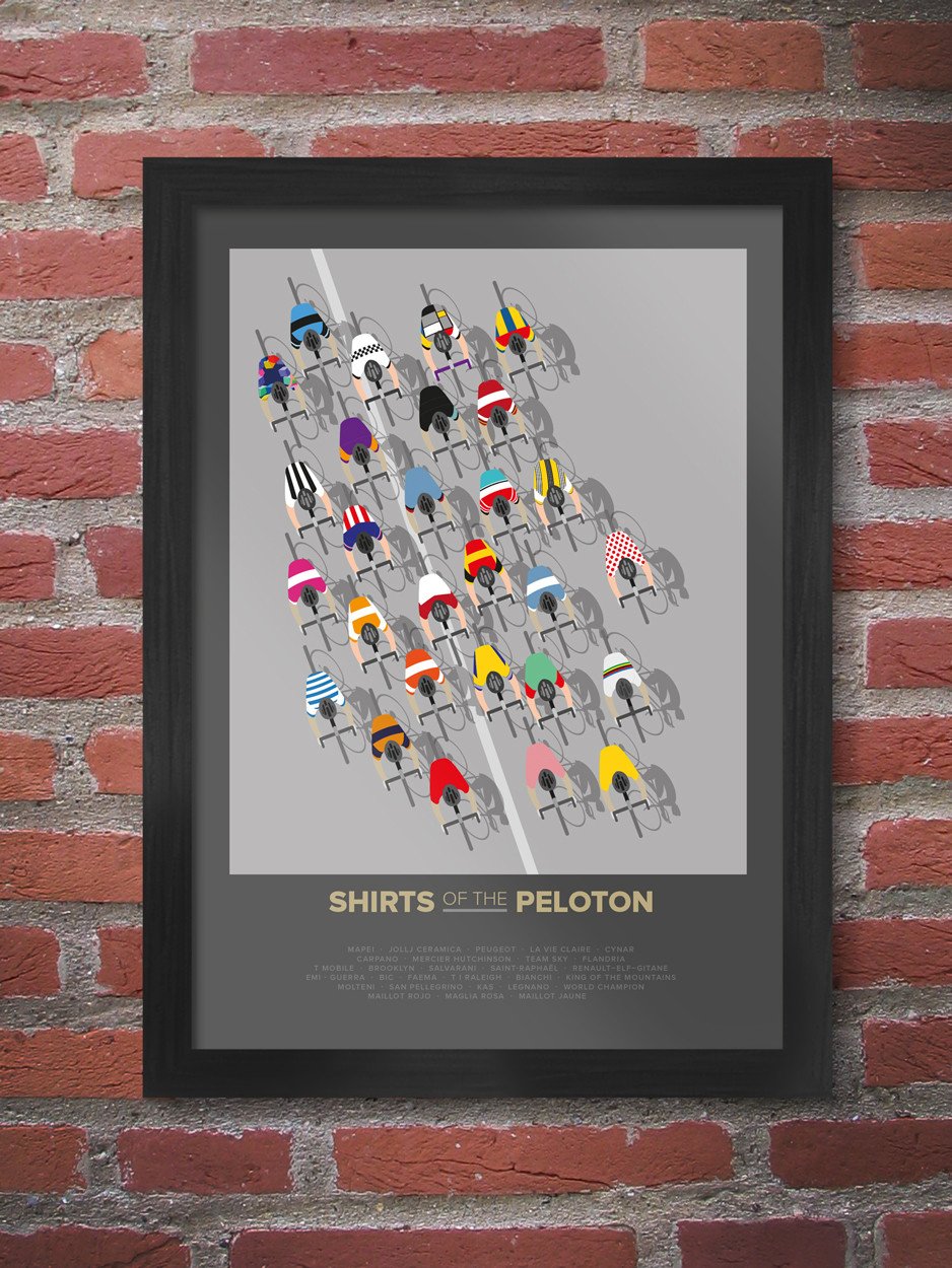 Shirts of the peloton contemporary cycling poster print. Featuring retro and contemporary cycling jerseys including Molteni, Faema, Peugeot, Raleigh, Flandria and Brooklyn.