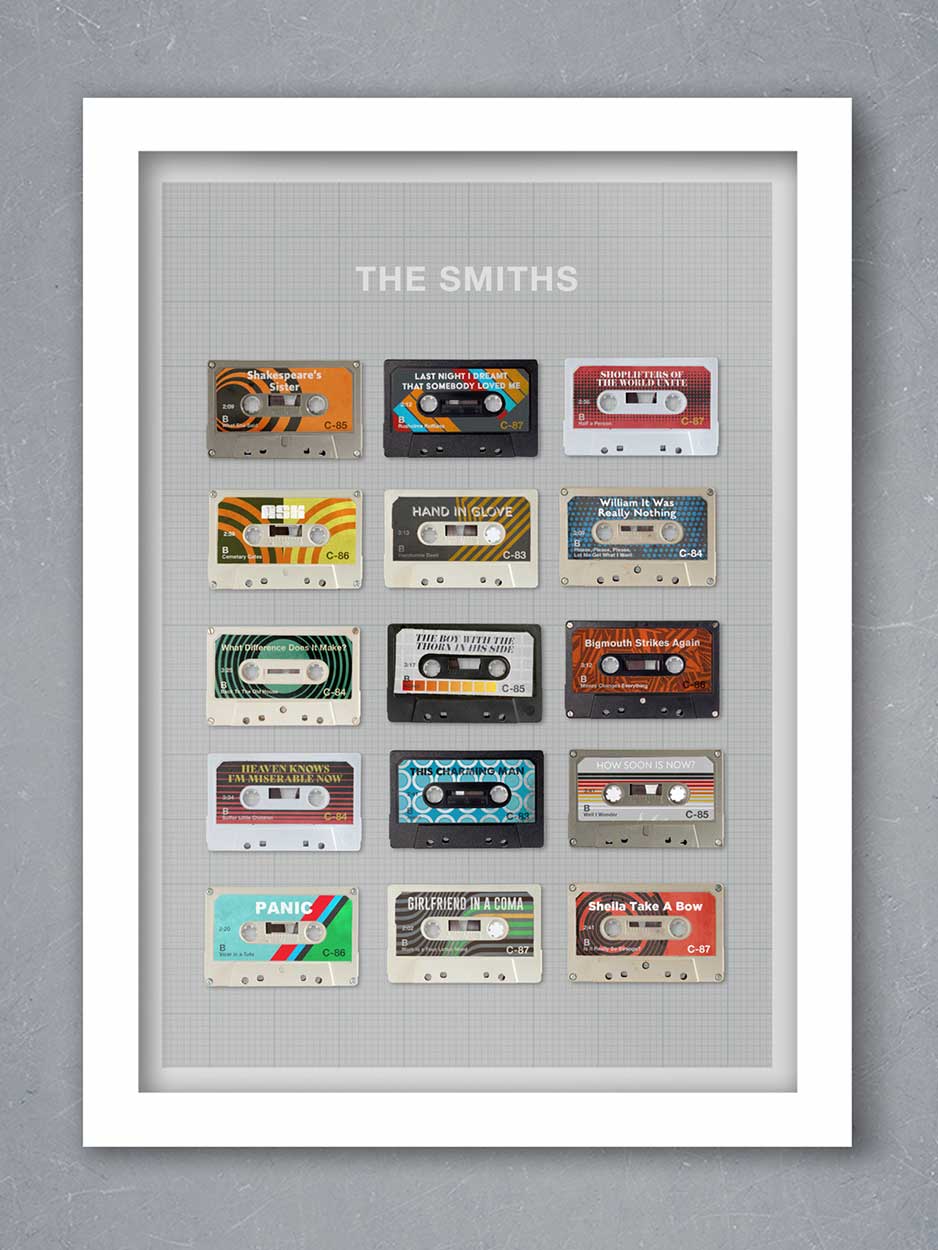 The Smiths Tapes - cassette tape style poster featuring their hit singles.