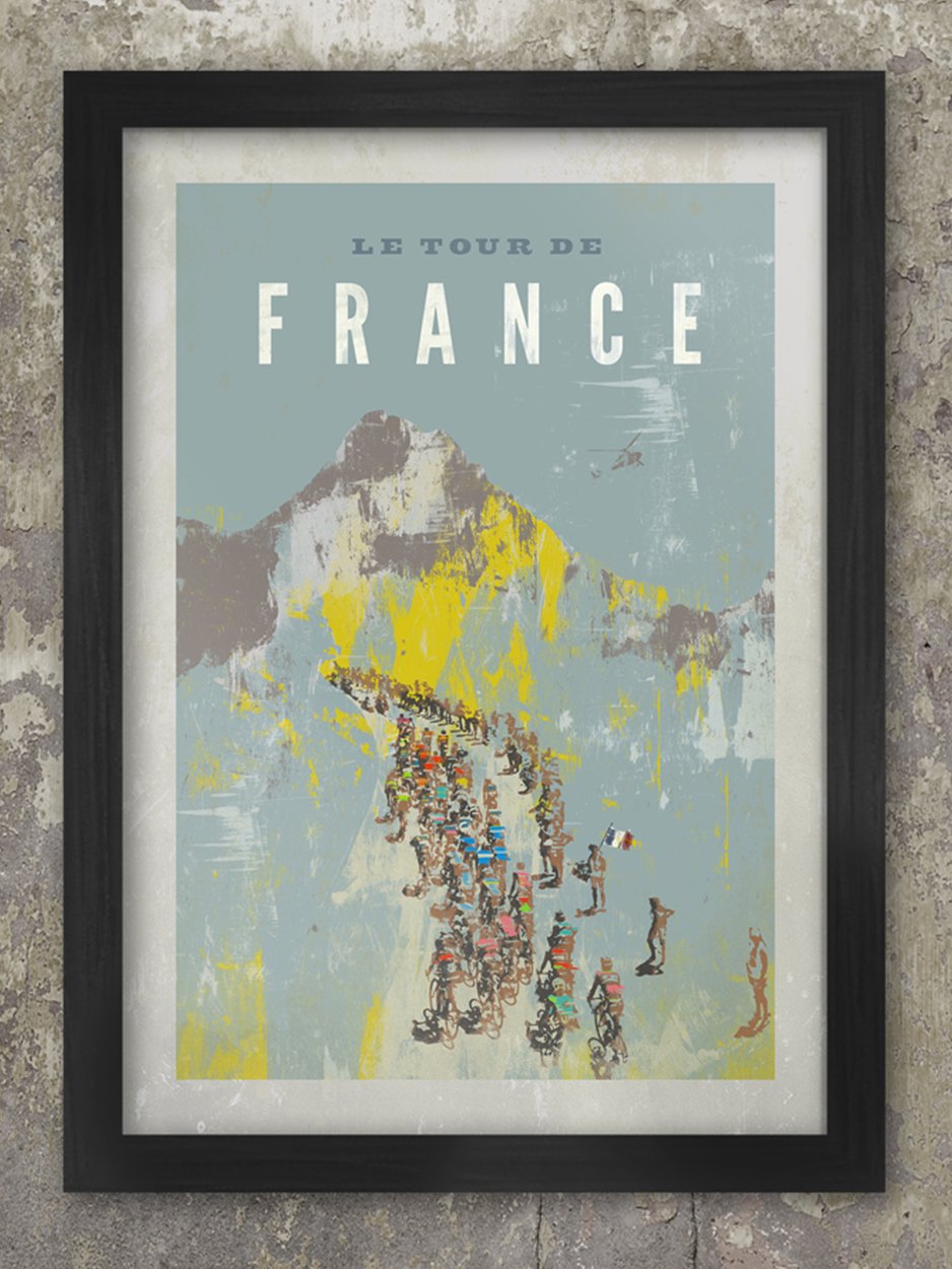 Tour De France Retro Cycling Poster Print - Vintage Blue illustration featuring the iconic alps.