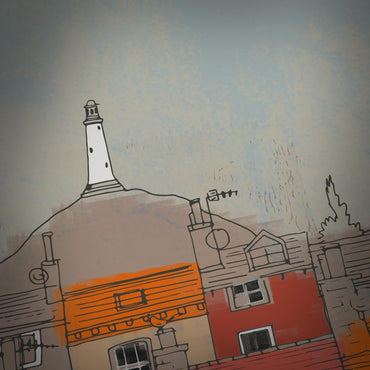 Ulverston street and landmark scene. Featuring the John Barrow Monument and Hoad Hill. Well known for its colourful houses and colourful characters! Ulverston is the scenic market town situated in the South lakes area of Cumbria. This Ulverston street scene has been designed by The Northern Line and is only available from its shops and online store.